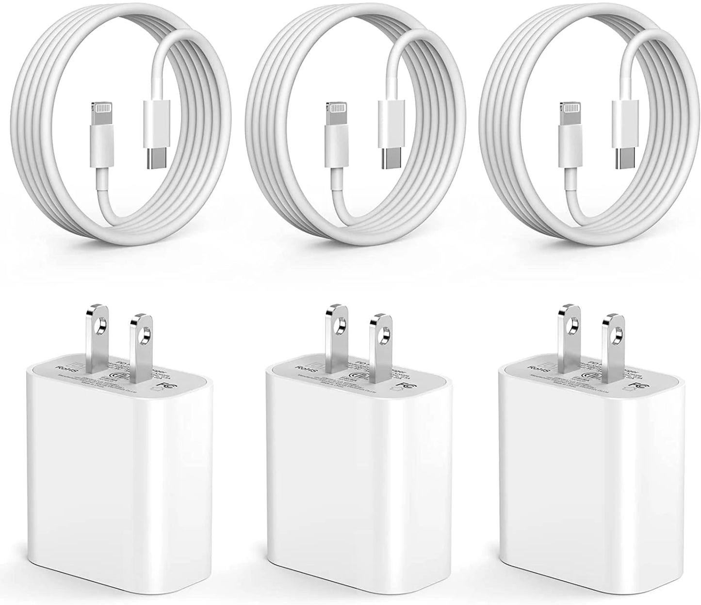 Apple MFi Certified 20W Type C Fast Charger Block - 3 Pack with 6FT USB C to Lightning Cable, Compatible with iPhone 14, 13, 12, 11 Pro Max, XS, XR, X (White)